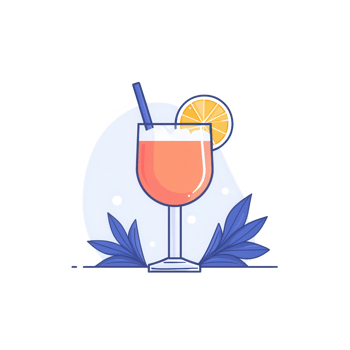 A refreshing cocktail glass garnished with a slice of orange and tropical leaves. png