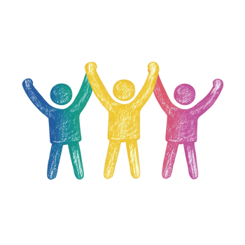 Colorful illustration of three joyful figures celebrating together. png
