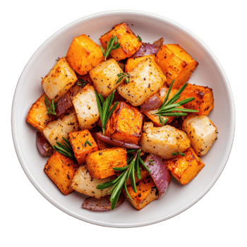 Delicious roasted vegetables with herbs in a white bowl, perfect for healthy meals. png