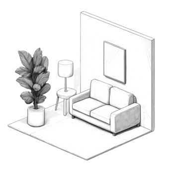 Minimalistic living room with a sofa, plant, lamp, and wall art in a clean design. png