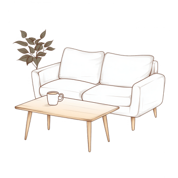 Stylish living room interior with a cozy couch and coffee table, perfect for relaxation. png
