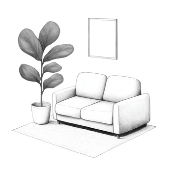 Stylish modern living room with a cozy couch and indoor plant for a serene atmosphere. png
