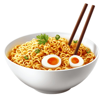 Bowl of Hot Instant Ramen Noodles with Boiled Egg and Chopsticks png
