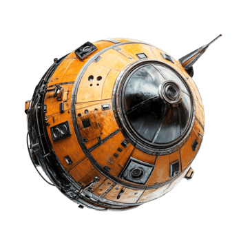 Spherical spacecraft with yellow and black color scheme, transparent window, and panels png