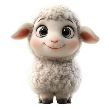 Cute animated sheep character standing upright with a smiling face and soft wool in a friendly pose isolated on transparent background png