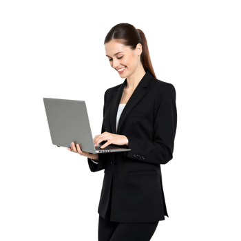 A woman in a business suit holding a laptop png