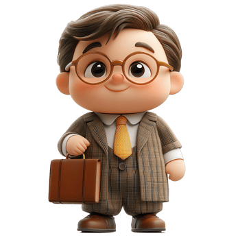 Cute cartoon figure of a young boy in a suit holding a briefcase with glasses, ready for an adventure isolated on transparent background png