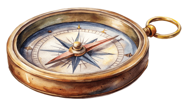 Watercolor Vintage brass compass with intricate details and a glass face isolated with transparent background. png