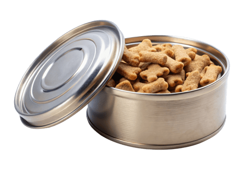 A tin of dog treats in a metal container png