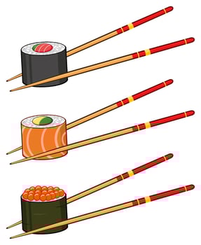 Sushi Rolls With Caviar And Chopsticks. Collection Set vector