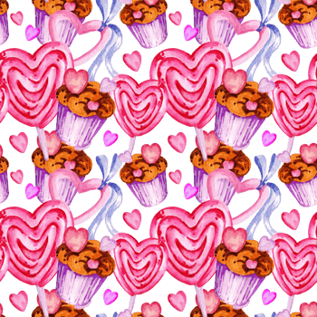 seamless pattern of valentine day theme with different watercolor hearts, sweets, lollipops, candies, muffins, hand draw illustration, pink, lilac color sketch for party decoration png
