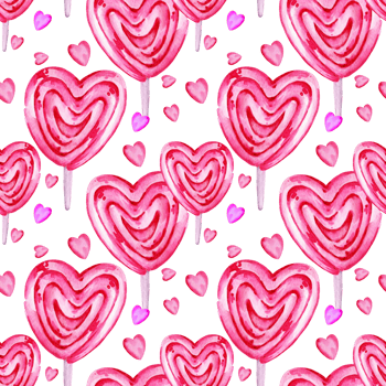 seamless pattern of valentine day theme with different watercolor hearts, sweets, lollipops, candies, hand draw illustration, pink, magenta color sketch for party decoration png