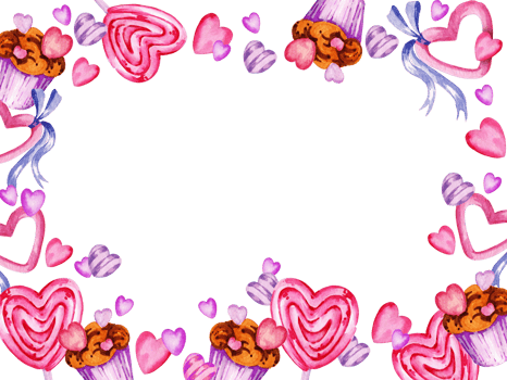 Watercolor frame of valentine day theme with different hearts, sweets, lollipops, candies and muffins, hand draw illustration, pink and lilac color sketch for party decoration png