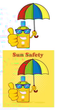 Smiling Bottle Sunscreen Cartoon Mascot Character With Sunglasses And Umbrella Giving A Thumbs Up. Collection Set vector