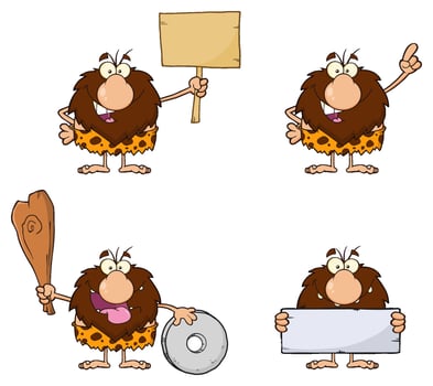 Funny Male Caveman Cartoon Mascot Character. Collection Set - 8 vector