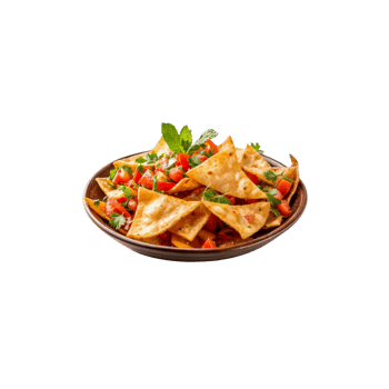 A bowl of nachos with tomatoes and herbs png