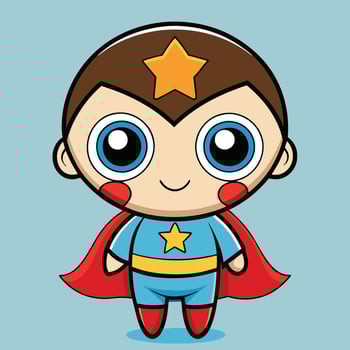 cartoon boy in superhero costume with blue cape and star vector