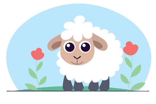 Cartoon adorable sheep amidst blooming flowers flat illustration vector