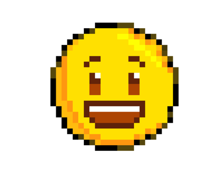 8-bits pixel art yellow smiling eyes and a broad happy face icon png