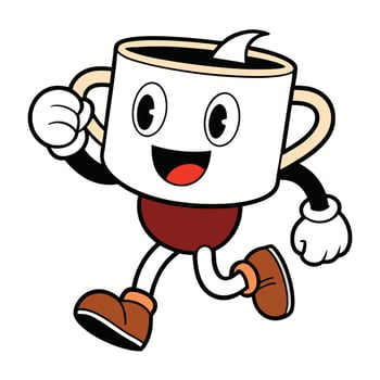 a cartoon coffee cup running with its legs crossed vector