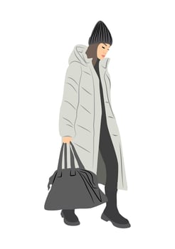 A woman in a winter coat carrying a bag vector