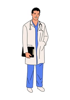 Young smiling male doctor. Male medic worker in uniform with stethoscope and tablet vector