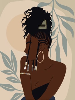 Modern Woman Wall Art, Abstract Female Print, Boho Girl Wall Decor, Mid Century wallpaper design with stylish black woman and tropical leaf vector