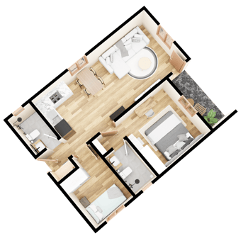 3D Floor plan of a home, 3D illustration. rear left corner of top view png
