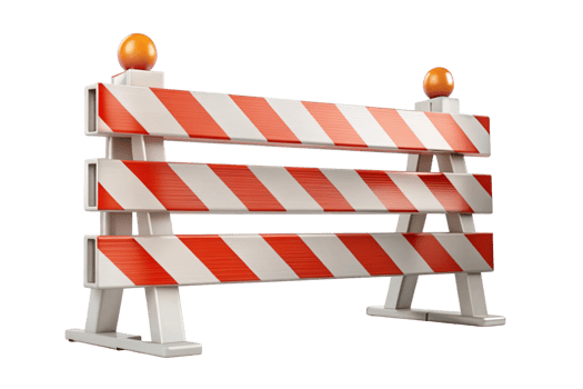 A traffic barricade with orange and white striped reflective pattern designed for road safety and construction zone marking, isolated on a transparent background png