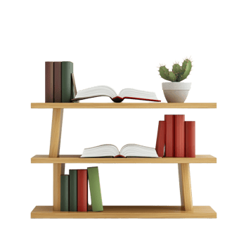 Wooden Bookshelf With Books And Cactus Decor png