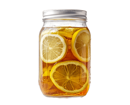 Mason jar of cold sweet tea with lemon wedges png