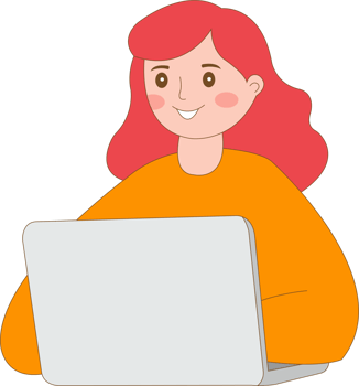 a woman with red hair sitting at a laptop png