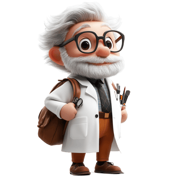 Cute cartoon character of a scientist with glasses, lab coat, and tools depicting a cheerful academic in a creative setting isolated on transparent background png
