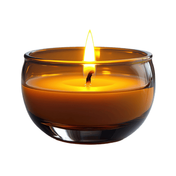 Warm glow from a lit amber candle in a clear glass holder creating a cozy atmosphere during evening relaxation isolated on transparent background png