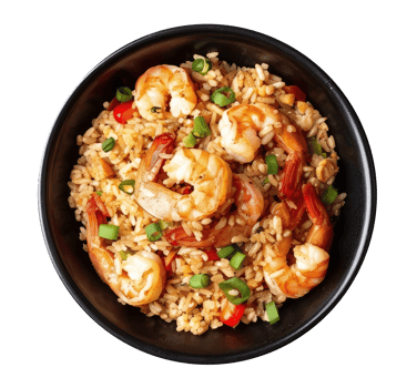 Black bowl with rice with shrimps png