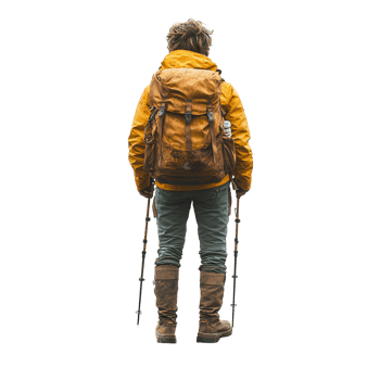 Hiker prepares for an adventure in the mountains wearing a yellow jacket and sturdy boots with trekking poles in hand isolated on transparent background png