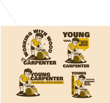 Young Carpenter, working with wood. character illustration of a carpenter sawing wood. In 4 types vector