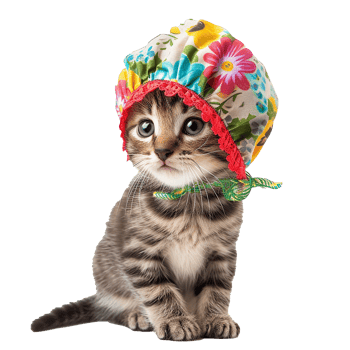 Cute Kitten Wearing Floral Shower Cap Adorable Pet Fashion png