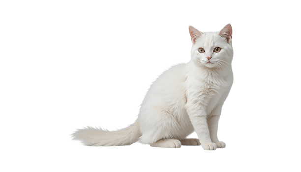 A beautiful white cat, sitting in a relaxed pose, is the star of this image. png