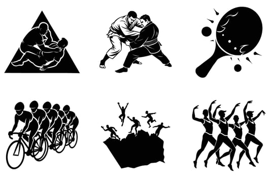 Sport Silhouettes Icons Set Martial Arts Cycling Dance judo team group black white style vector