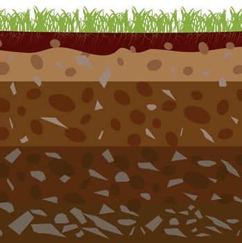 Soil layers diagram earth texture, stones. Ground with green grass on top. Mineral particles, sand, humus and stones, natural fertilizer. Geology infographics. Education for kids. vector