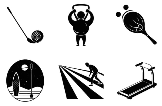 Simple Black Sport Icons Set Fitness Gym Golf Paddle surf yoga ball design tennis vector