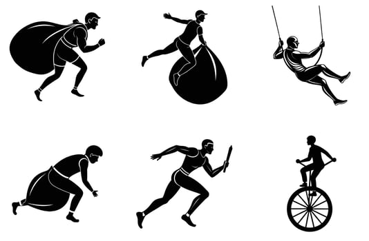 Silhouette Athletes Running Jumping Swinging Cycling man men icon game speed black white vector