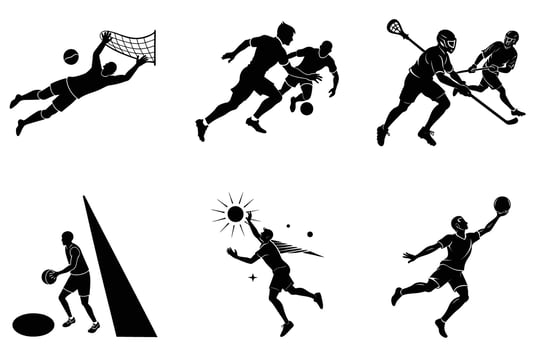Dynamic Action Sports Silhouettes Diverse Athletes Collection team game black white soccer vector