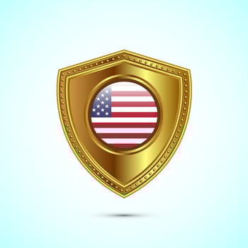 Rounded flag of United States with glossy gold shield vector