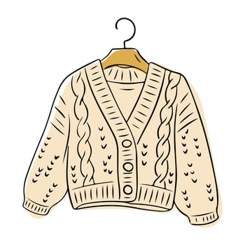 Illustration of a cozy knitted cardigan with cable patterns and buttons, hanging on a wooden hanger, ideal for fashion or winter designs vector