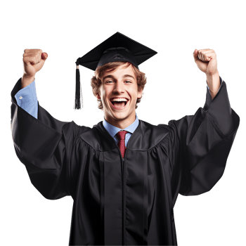 Happy graduate celebrating achievement in graduation gown png
