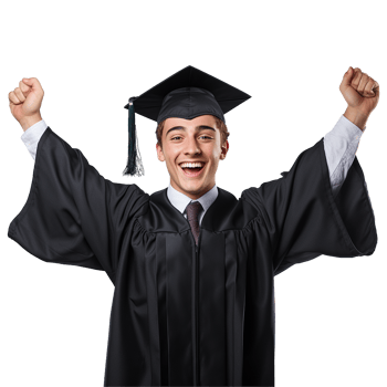 Happy Graduate Celebrates Academic Achievement Raising Hands in Joy Wearing Graduation Gown Cap png