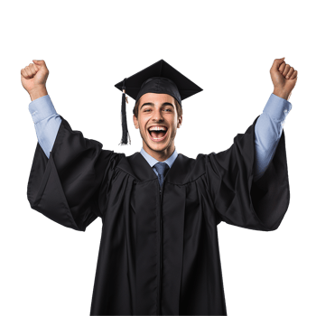 Happy graduate celebrating academic achievement in graduation gown png
