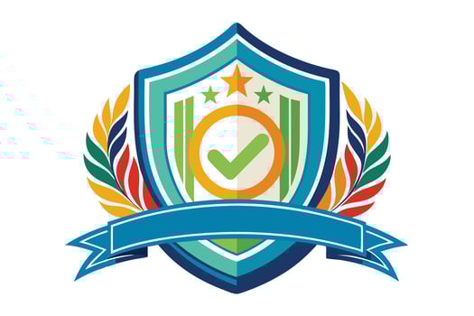 Colorful emblem with shield, check mark, and ribbon, perfect for awards or achievements. vector